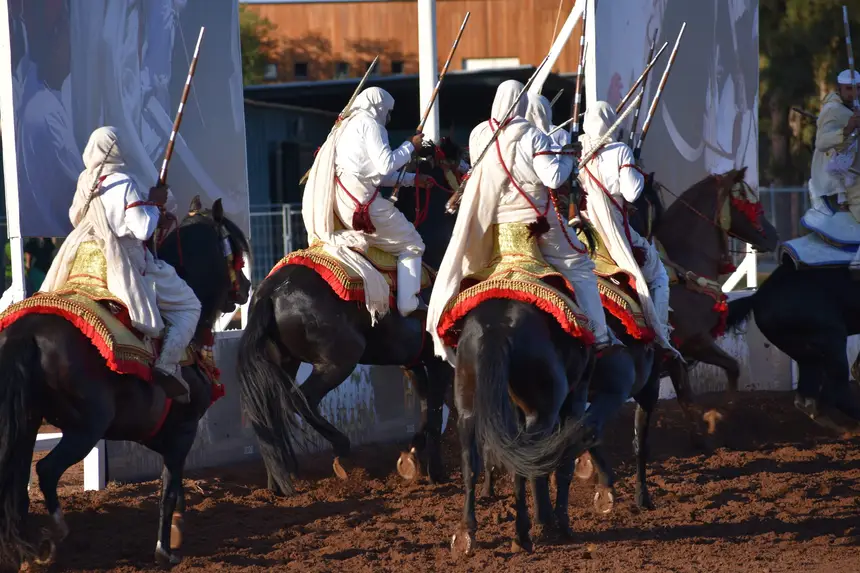 Tbourida fantasia print — Moroccan horsemen charging through gunpowder smoke (BWK-037), photograph by Saida