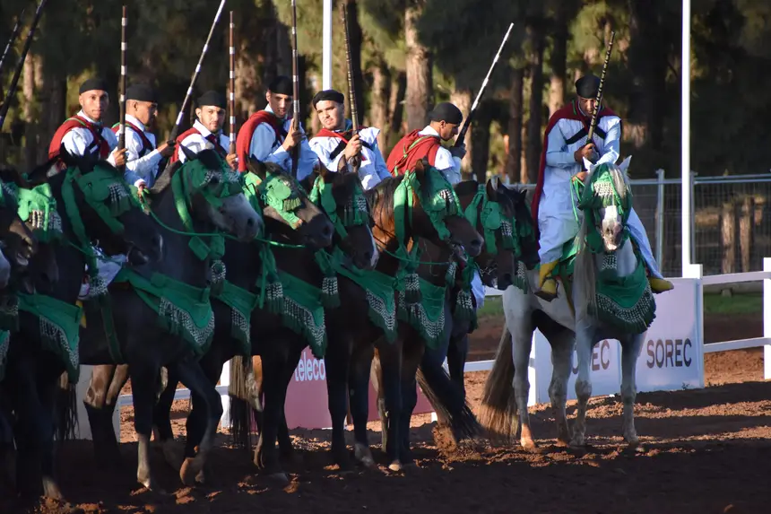 Tbourida fantasia print — Moroccan horsemen charging through gunpowder smoke (BWK-038), photograph by Saida