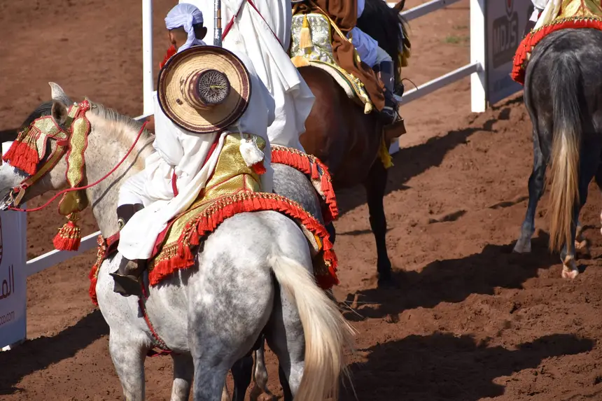 Tbourida fantasia print — Moroccan horsemen charging through gunpowder smoke (BWK-041), photograph by Saida