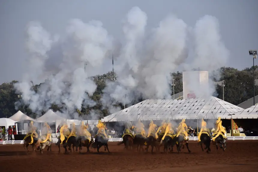 Tbourida fantasia print — Moroccan horsemen charging through gunpowder smoke (BWK-058), photograph by Saida