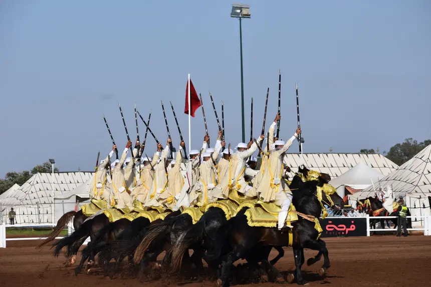 Tbourida fantasia print — Moroccan horsemen charging through gunpowder smoke (BWK-059), photograph by Saida