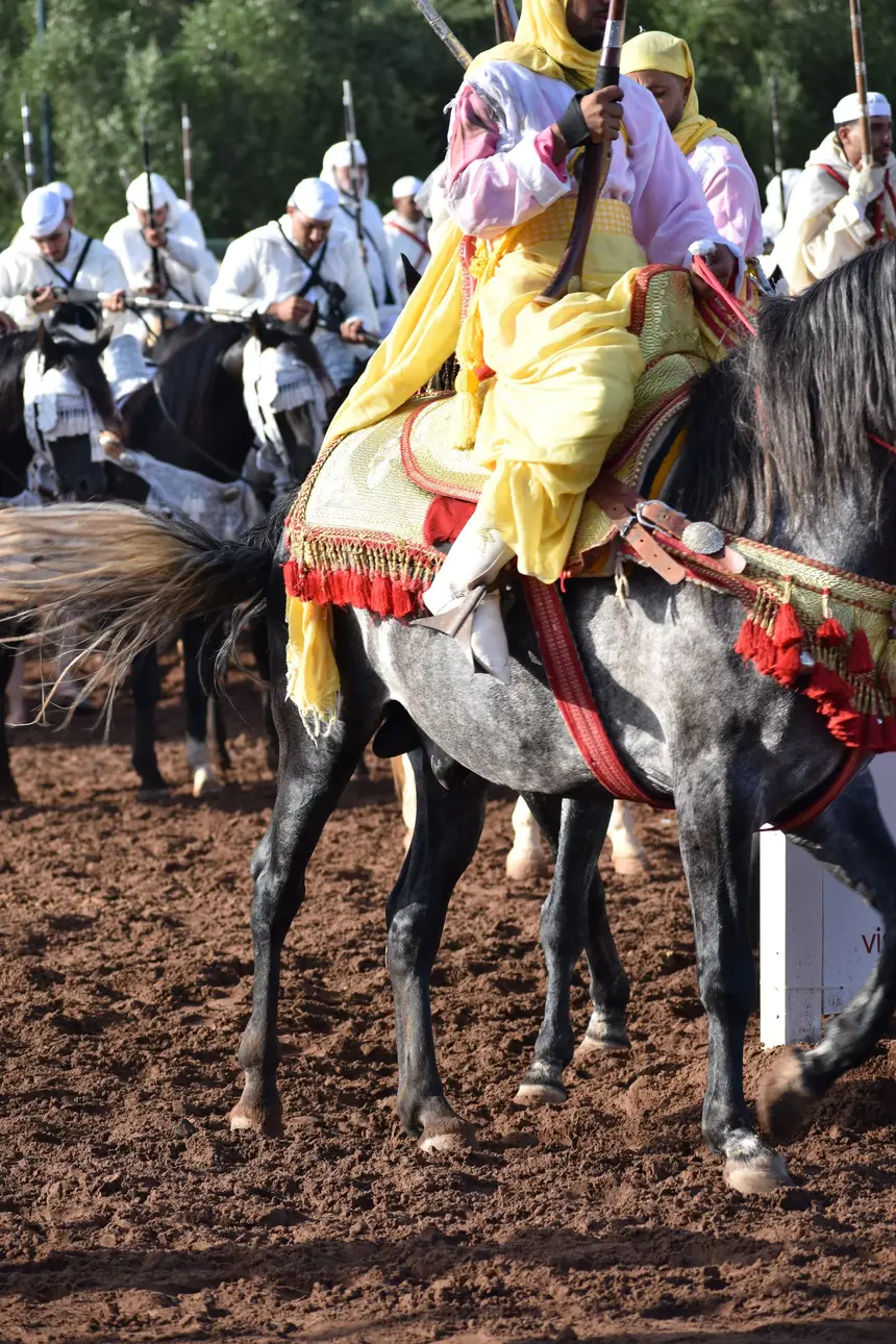 Tbourida fantasia print — Moroccan horsemen charging through gunpowder smoke (BWK-061), photograph by Saida