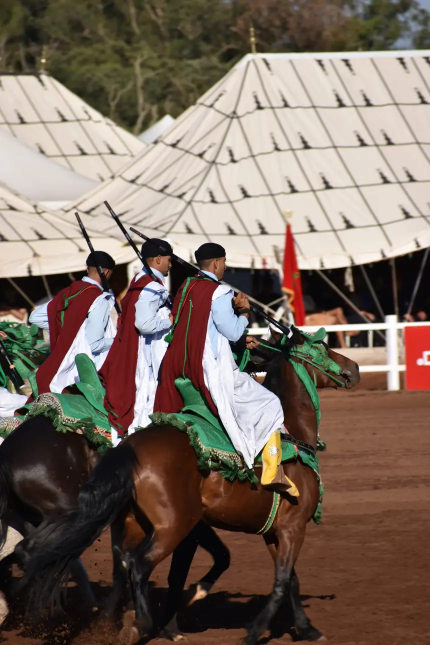 Tbourida fantasia print — Moroccan horsemen charging through gunpowder smoke (BWK-089), photograph by Saida