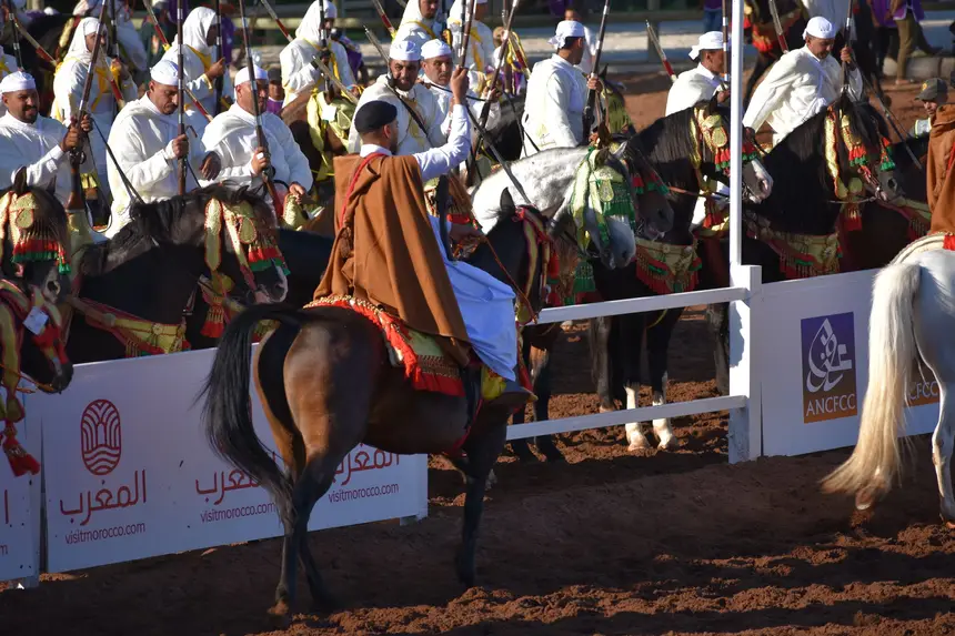 Tbourida fantasia print — Moroccan horsemen charging through gunpowder smoke (BWK-093), photograph by Saida