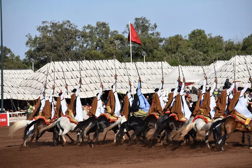 Tbourida fantasia print — Moroccan horsemen charging through gunpowder smoke (BWK-097), photograph by Saida