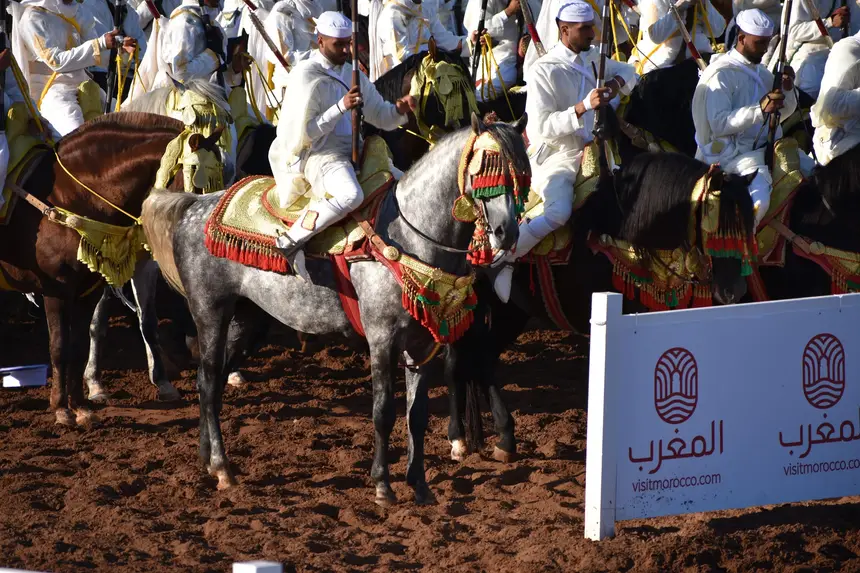 Tbourida fantasia print — Moroccan horsemen charging through gunpowder smoke (BWK-098), photograph by Saida