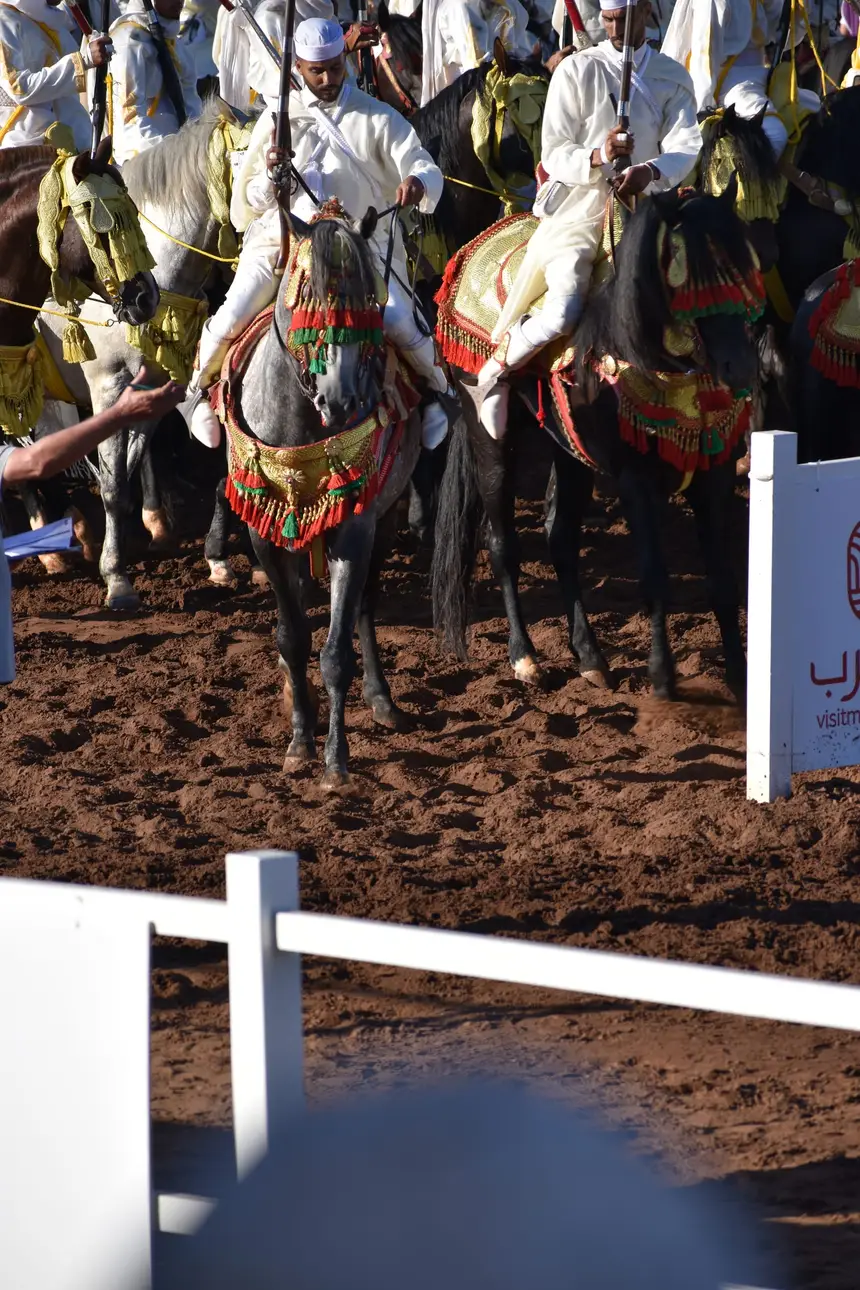 Tbourida fantasia print — Moroccan horsemen charging through gunpowder smoke (BWK-099), photograph by Saida