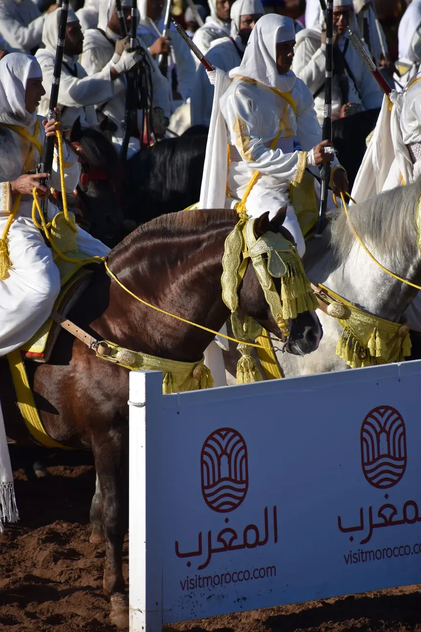 Tbourida fantasia print — Moroccan horsemen charging through gunpowder smoke (BWK-109), photograph by Saida