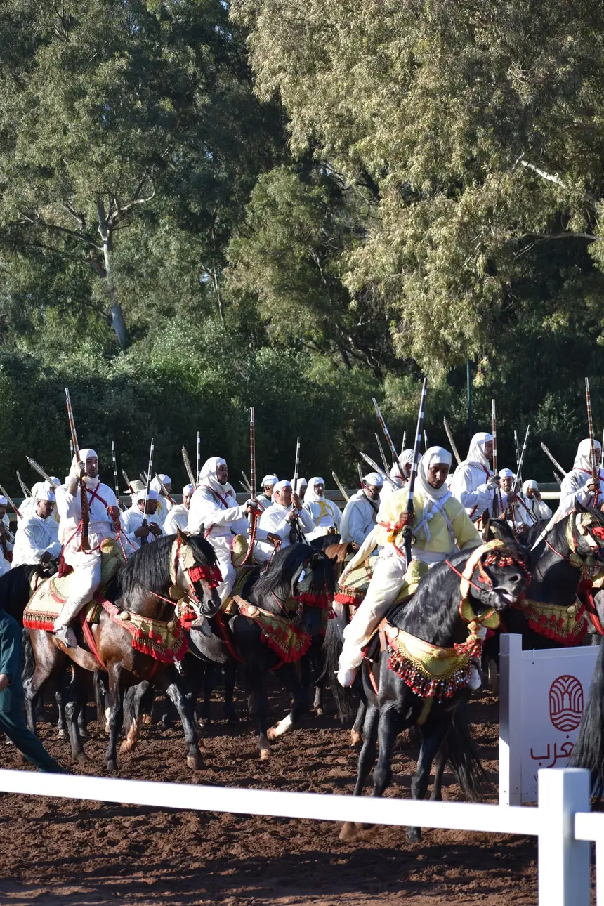 Tbourida fantasia print — Moroccan horsemen charging through gunpowder smoke (BWK-146), photograph by Saida