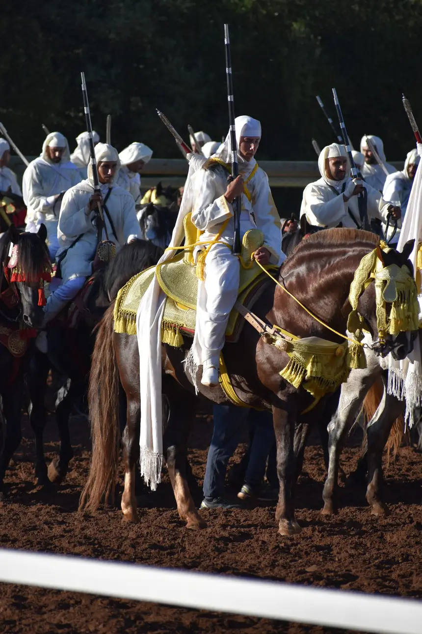 Tbourida fantasia print — Moroccan horsemen charging through gunpowder smoke (BWK-154), photograph by Saida
