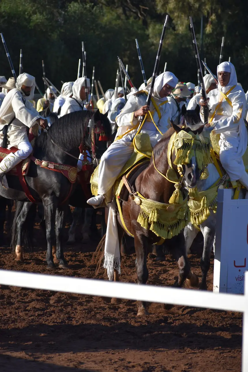Tbourida fantasia print — Moroccan horsemen charging through gunpowder smoke (BWK-171), photograph by Saida