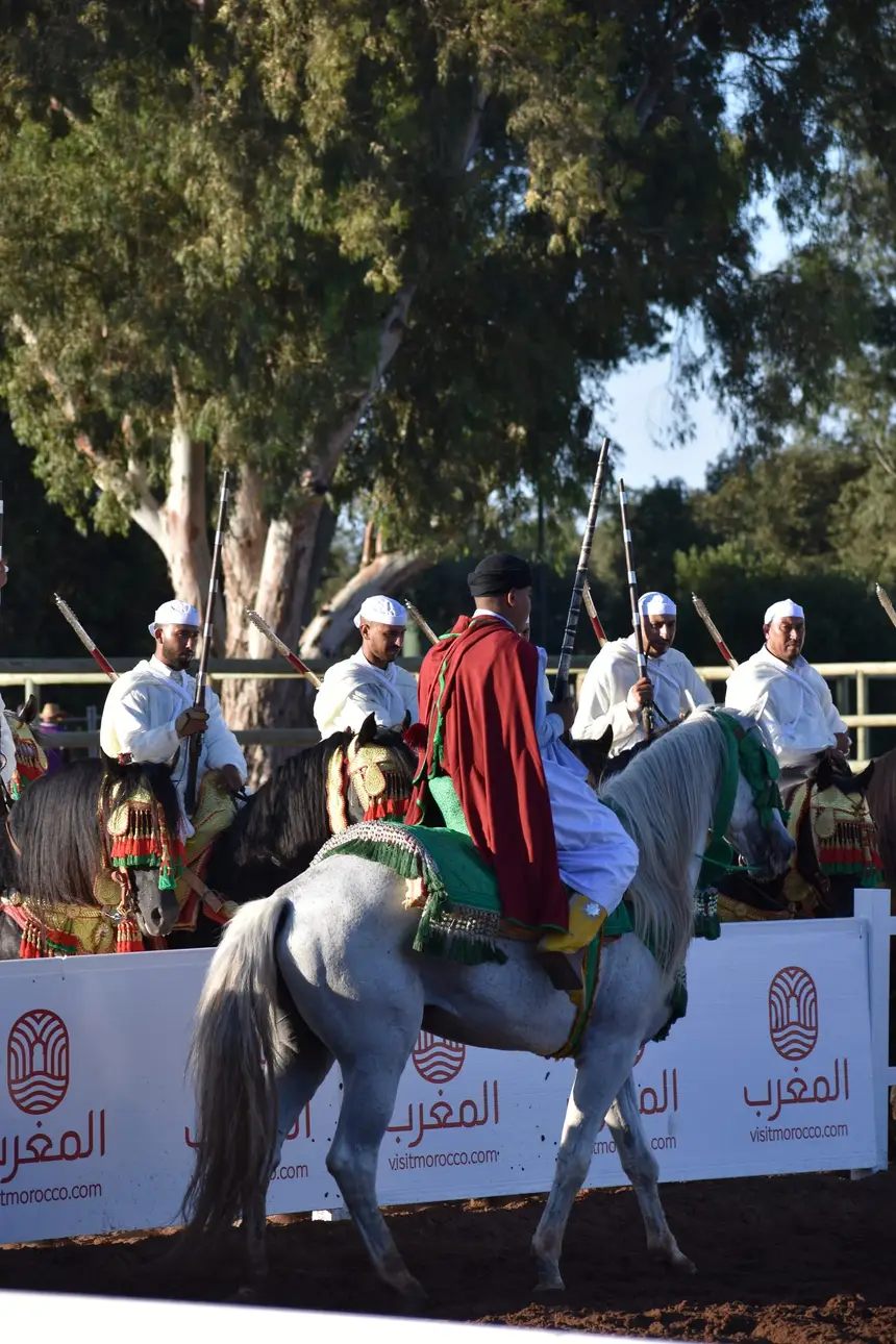 Tbourida fantasia print — Moroccan horsemen charging through gunpowder smoke (BWK-207), photograph by Saida