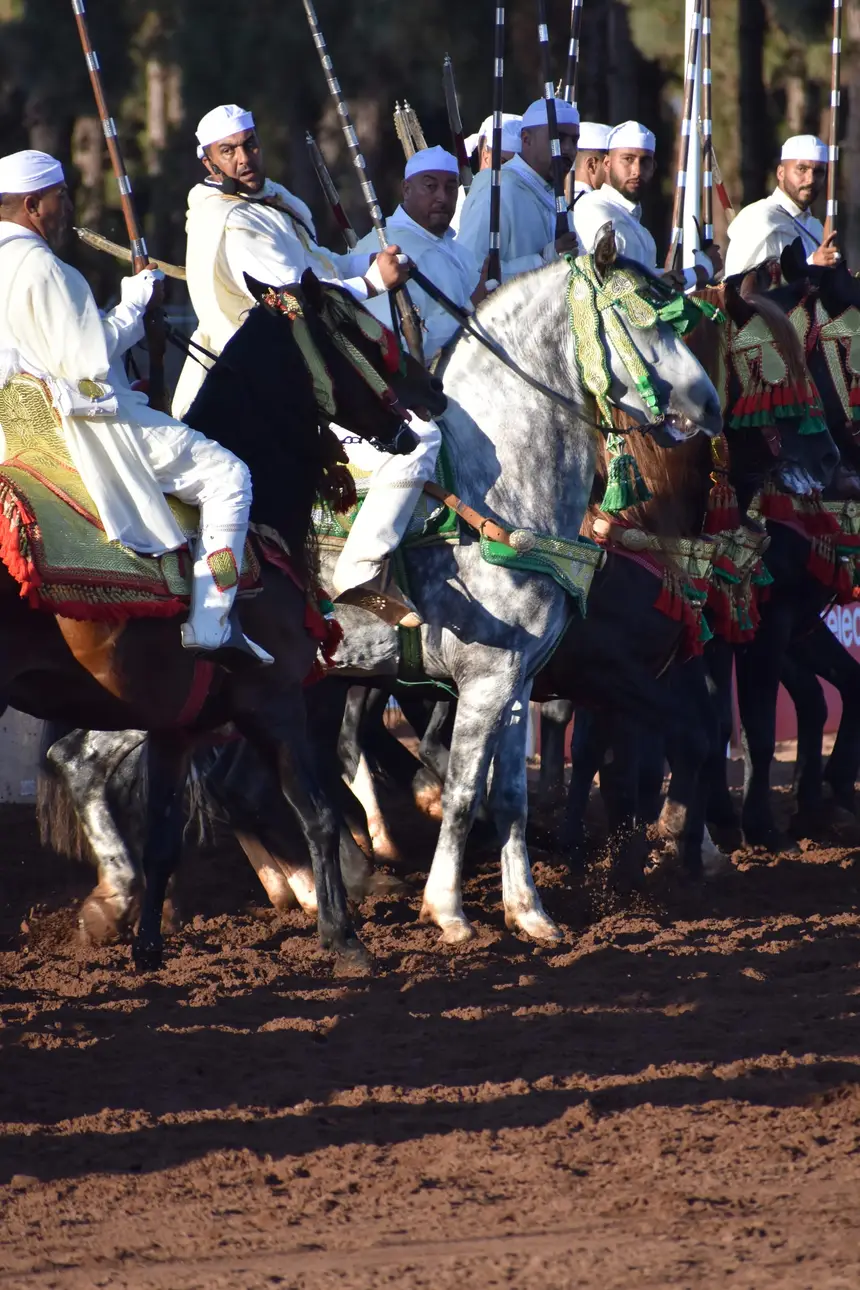Tbourida fantasia print — Moroccan horsemen charging through gunpowder smoke (BWK-219), photograph by Saida