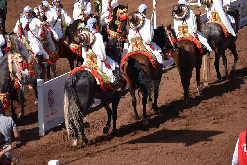Tbourida fantasia print — Moroccan horsemen charging through gunpowder smoke (BWK-224), photograph by Saida