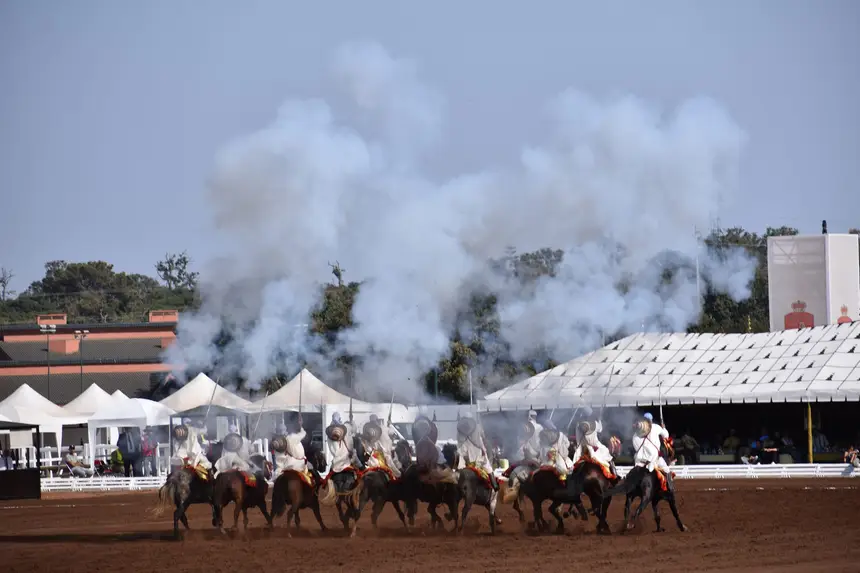 Tbourida fantasia print — Moroccan horsemen charging through gunpowder smoke (BWK-246), photograph by Saida