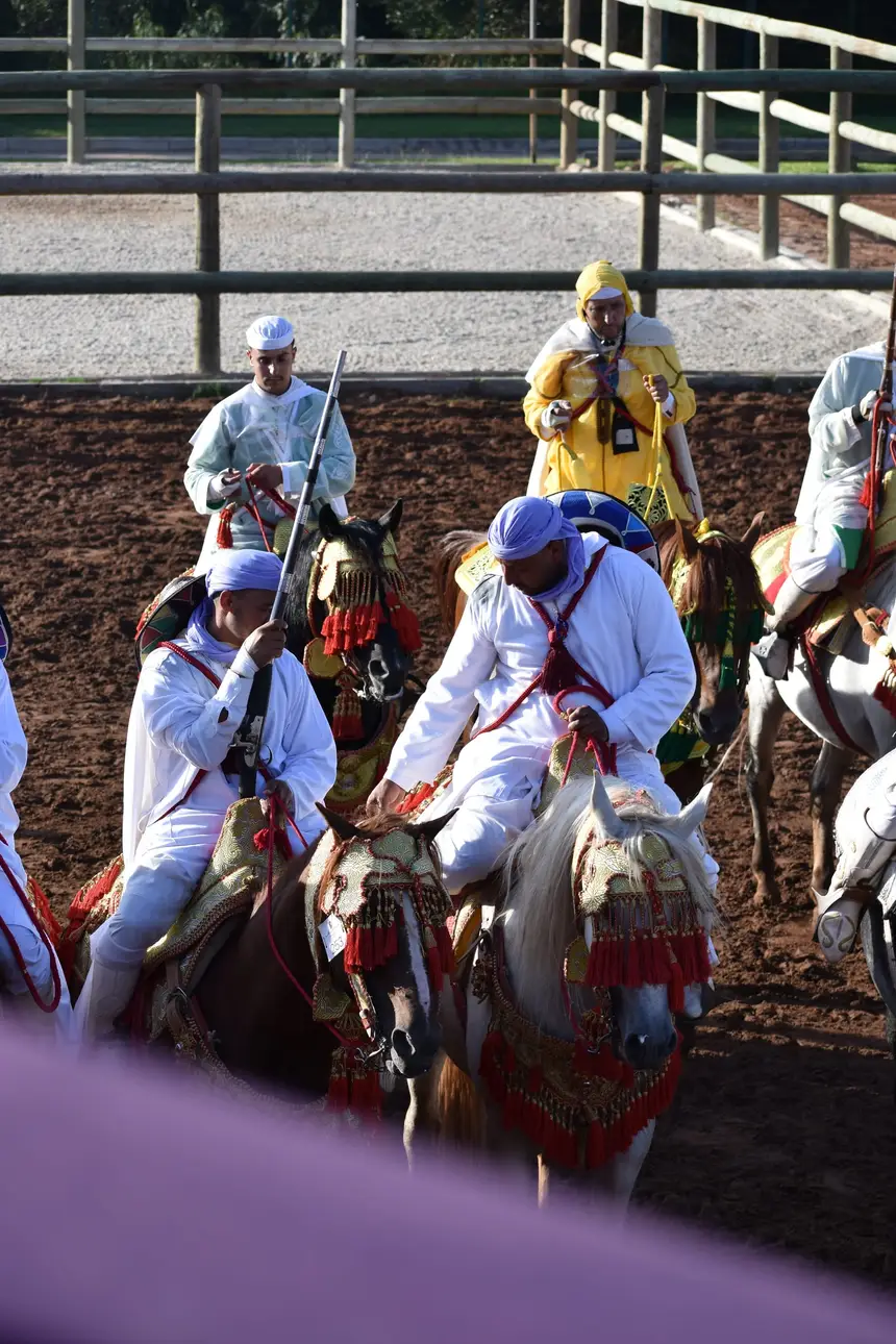 Tbourida fantasia print — Moroccan horsemen charging through gunpowder smoke (BWK-320), photograph by Saida
