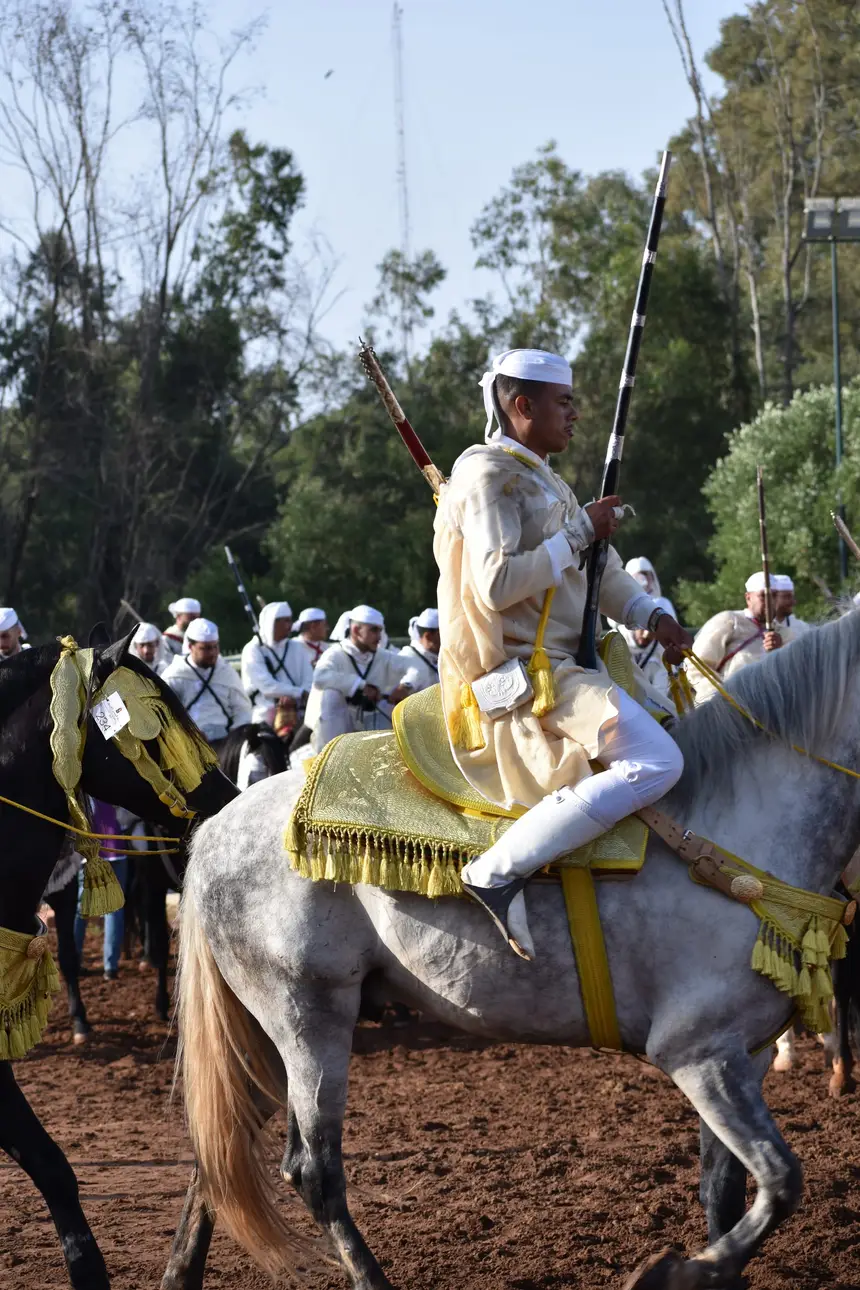 Tbourida fantasia print — Moroccan horsemen charging through gunpowder smoke (BWK-378), photograph by Saida