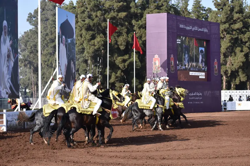 Tbourida fantasia print — Moroccan horsemen charging through gunpowder smoke (BWK-379), photograph by Saida