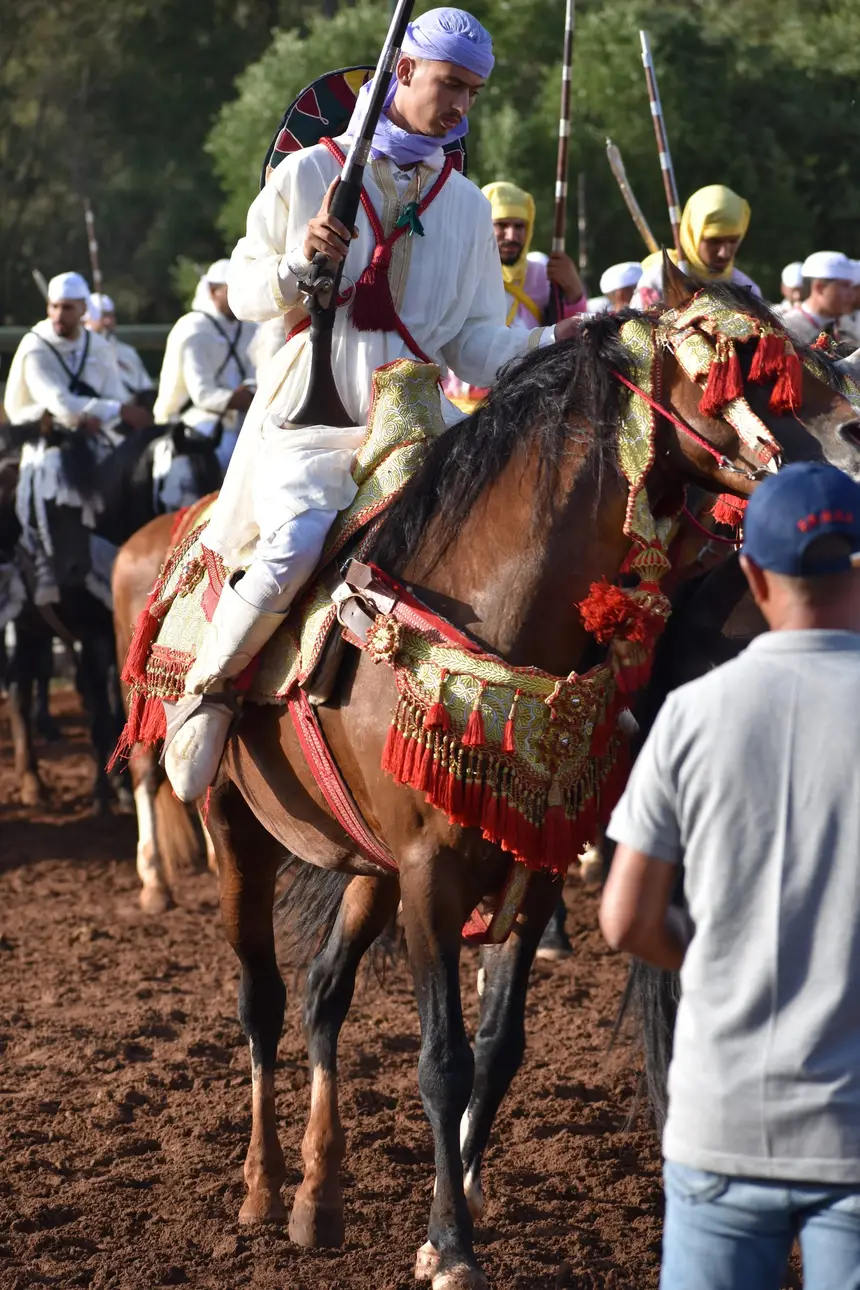 Tbourida fantasia print — Moroccan horsemen charging through gunpowder smoke (BWK-382), photograph by Saida