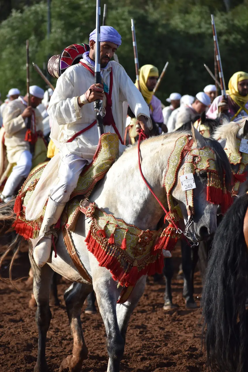 Tbourida fantasia print — Moroccan horsemen charging through gunpowder smoke (BWK-385), photograph by Saida