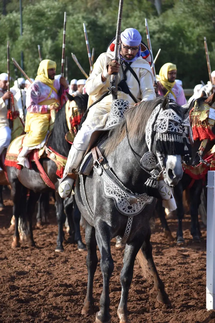 Tbourida fantasia print — Moroccan horsemen charging through gunpowder smoke (BWK-386), photograph by Saida