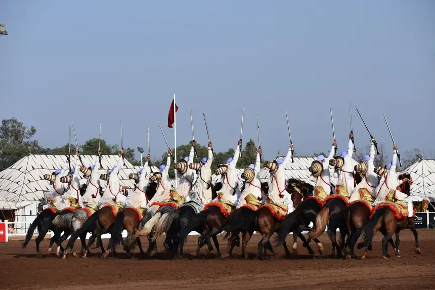Tbourida fantasia print — Moroccan horsemen charging through gunpowder smoke (BWK-389), photograph by Saida