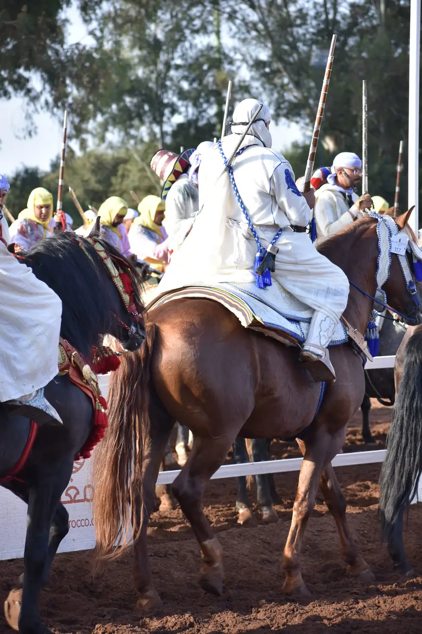 Tbourida fantasia print — Moroccan horsemen charging through gunpowder smoke (BWK-430), photograph by Saida