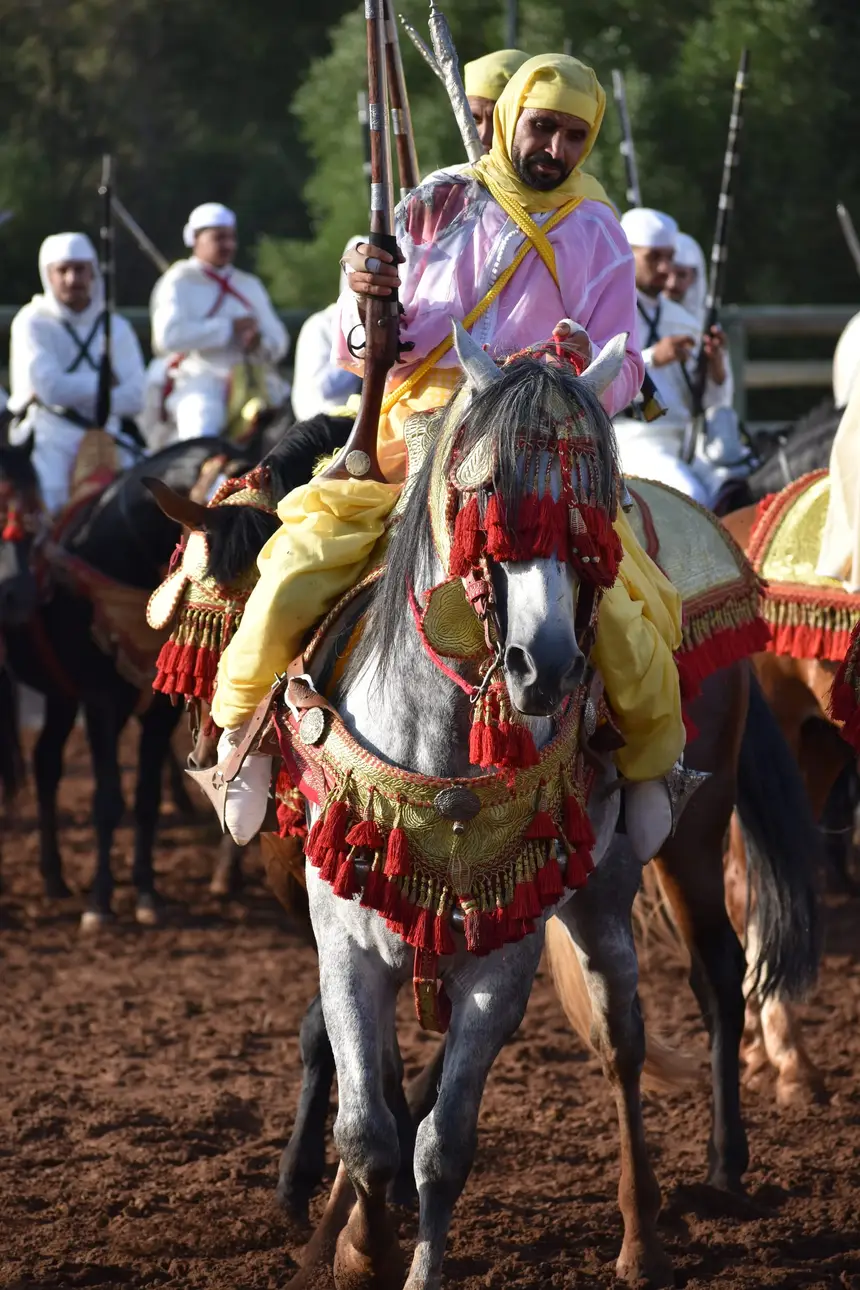 Tbourida fantasia print — Moroccan horsemen charging through gunpowder smoke (BWK-448), photograph by Saida