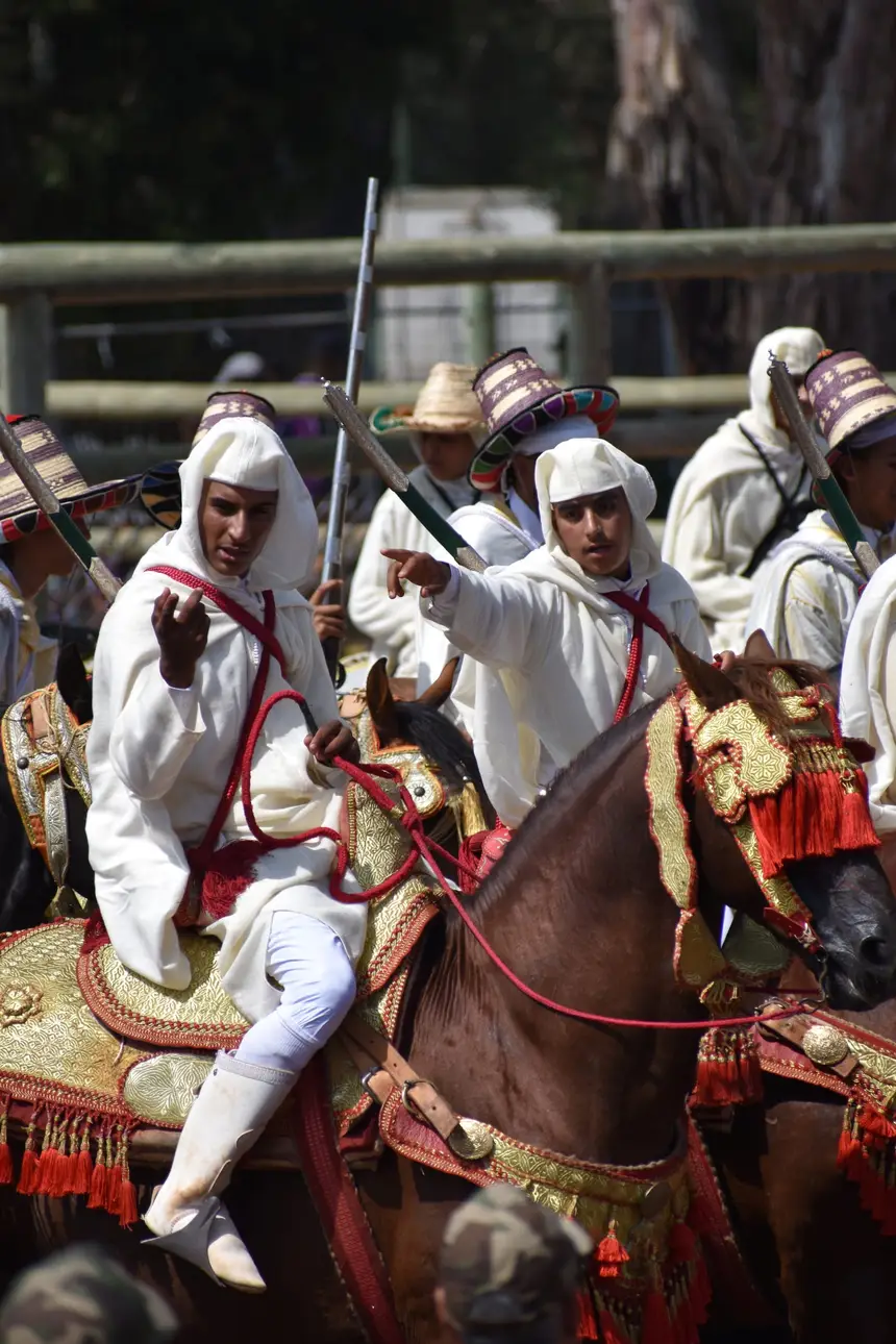 Tbourida fantasia print — Moroccan horsemen charging through gunpowder smoke (BWK-478), photograph by Saida