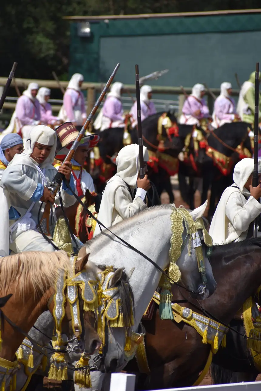Tbourida fantasia print — Moroccan horsemen charging through gunpowder smoke (BWK-501), photograph by Saida