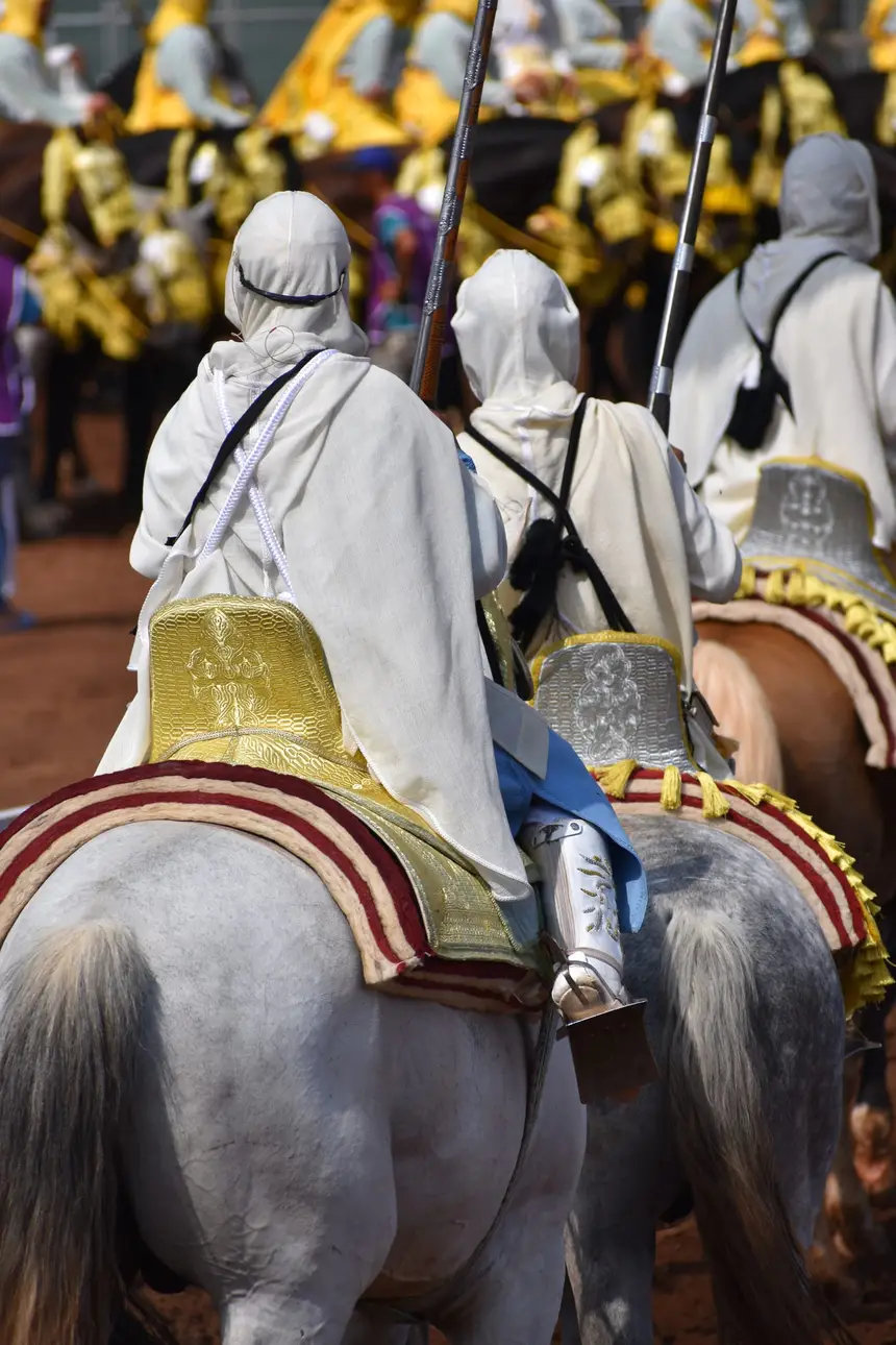 Tbourida fantasia print — Moroccan horsemen charging through gunpowder smoke (BWK-539), photograph by Saida
