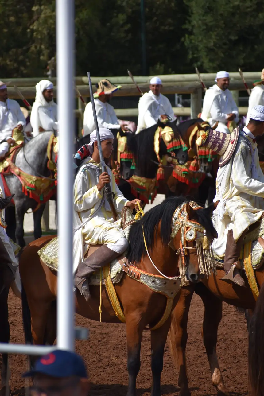 Tbourida fantasia print — Moroccan horsemen charging through gunpowder smoke (BWK-542), photograph by Saida