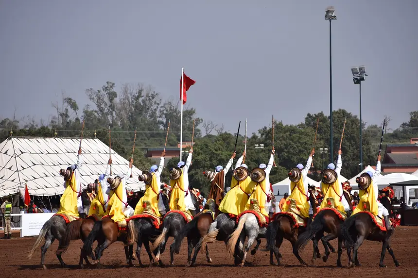 Tbourida fantasia print — Moroccan horsemen charging through gunpowder smoke (BWK-545), photograph by Saida