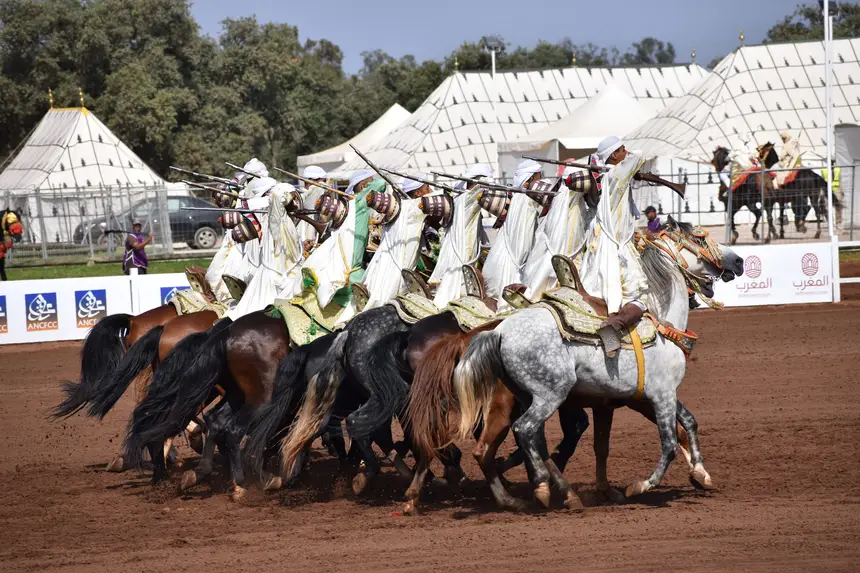 Tbourida fantasia print — Moroccan horsemen charging through gunpowder smoke (BWK-568), photograph by Saida