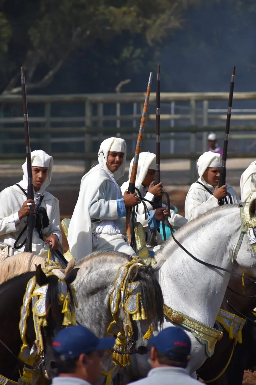 Tbourida fantasia print — Moroccan horsemen charging through gunpowder smoke (BWK-573), photograph by Saida