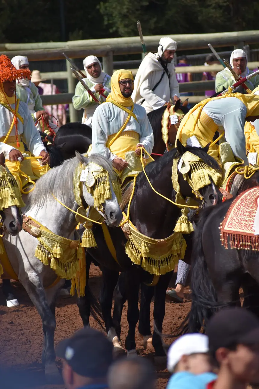 Tbourida fantasia print — Moroccan horsemen charging through gunpowder smoke (BWK-576), photograph by Saida