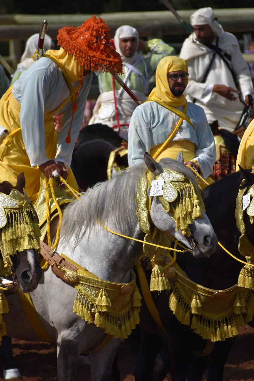 Tbourida fantasia print — Moroccan horsemen charging through gunpowder smoke (BWK-578), photograph by Saida