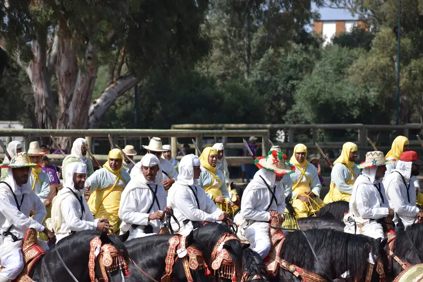 Tbourida fantasia print — Moroccan horsemen charging through gunpowder smoke (BWK-586), photograph by Saida