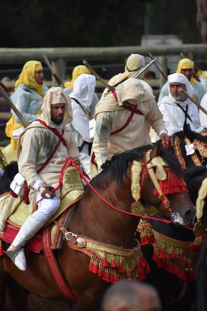 Tbourida fantasia print — Moroccan horsemen charging through gunpowder smoke (BWK-687), photograph by Saida