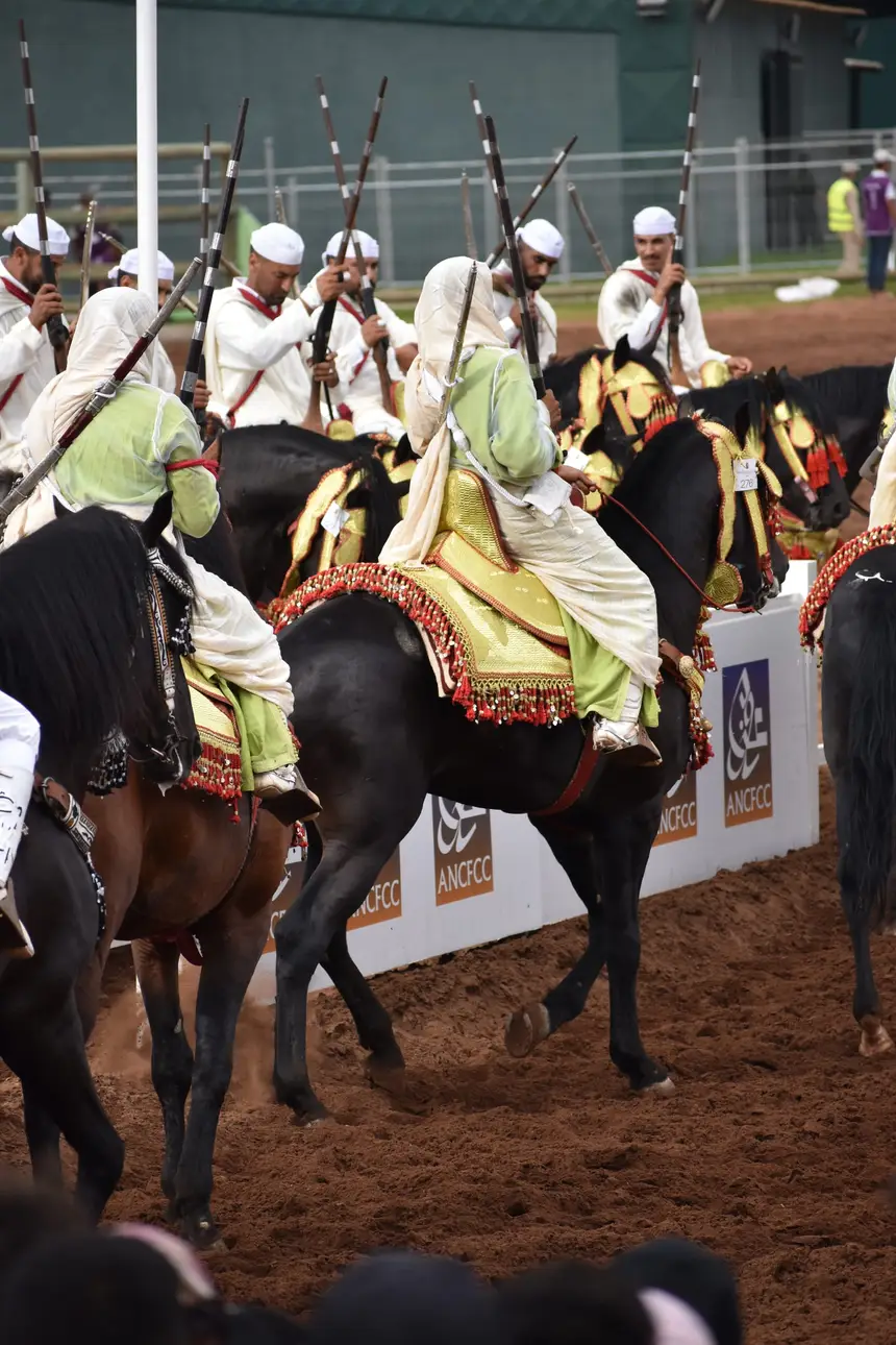 Tbourida fantasia print — Moroccan horsemen charging through gunpowder smoke (BWK-704), photograph by Saida