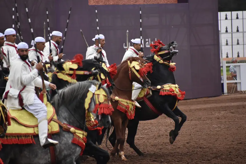 Tbourida fantasia print — Moroccan horsemen charging through gunpowder smoke (BWK-750), photograph by Saida